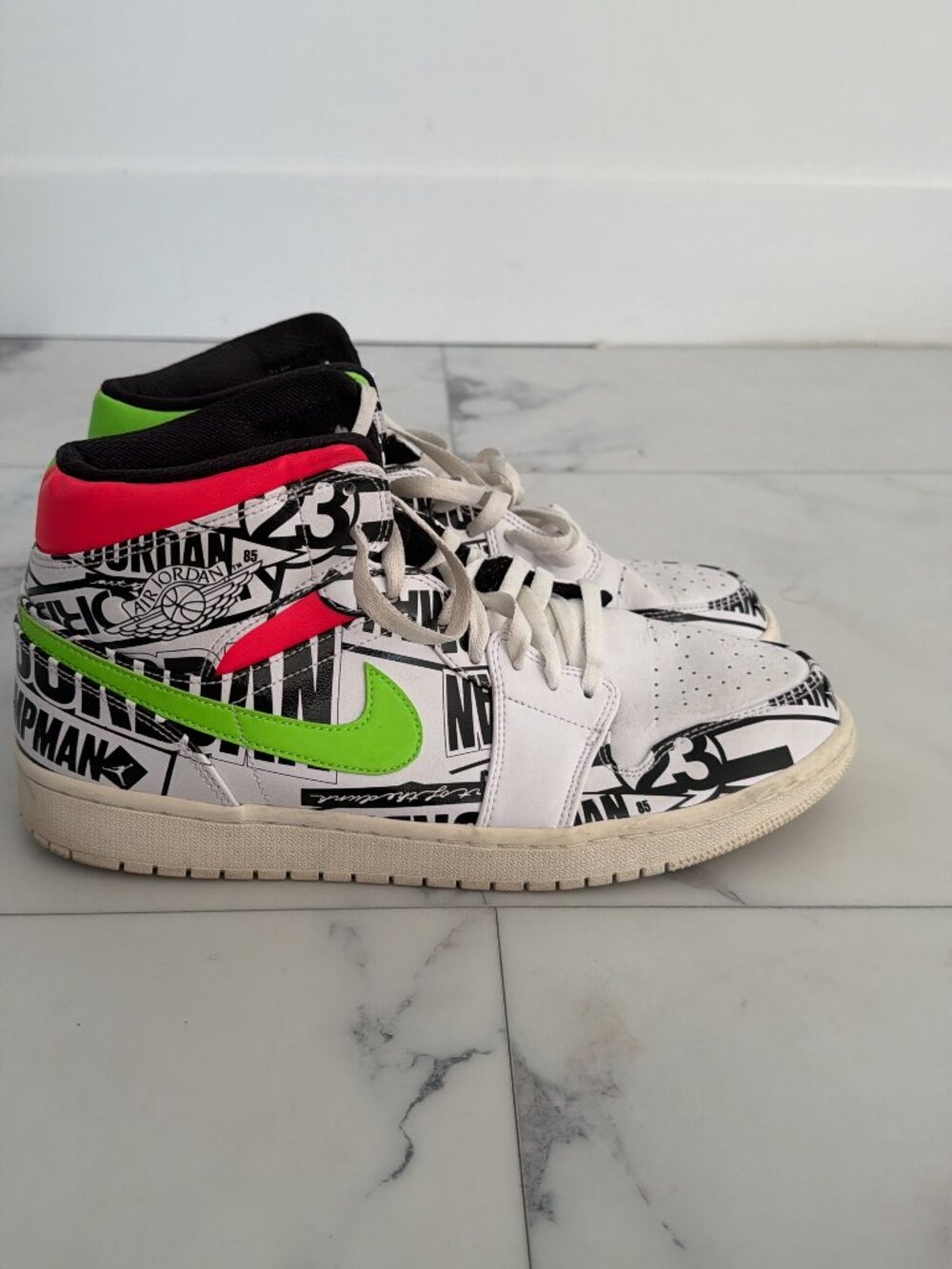 Air Jordan 1 Mid Over-Print Logos Neon Sneakers